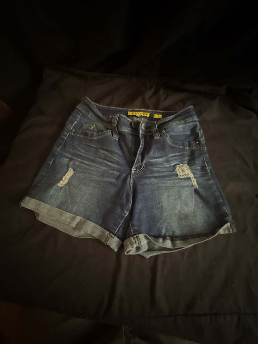 YMI Mid Rise Denim Jean Shorts with Ripped Details and Cuffed Hem